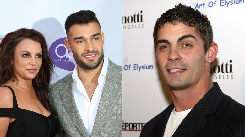 A split image showing Britney Spears and Sam Asghari standing next to each other and posing in one photo, while another photo shows Jason Alexander smiling at the camera.