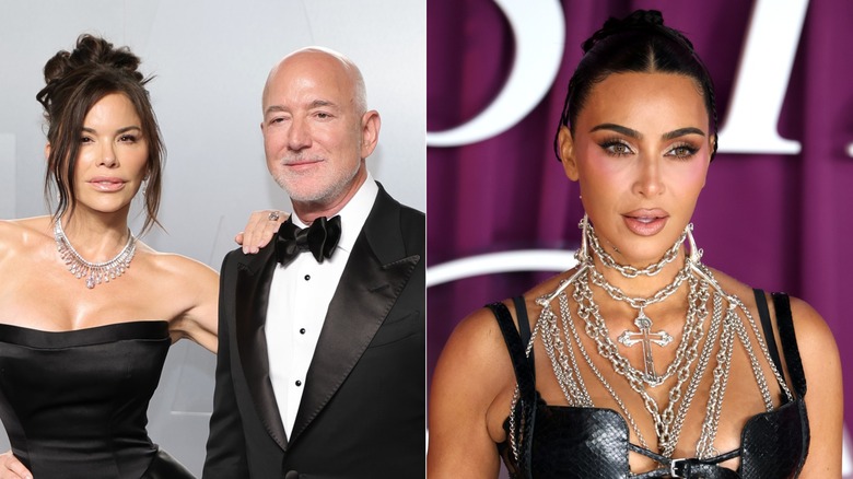 A split image shows Lauren Sánchez resting one hand on Jeff Bezos' shoulder in one photo, while another photo shows Kim Kardashian wearing a leather outfit and multiple chains.