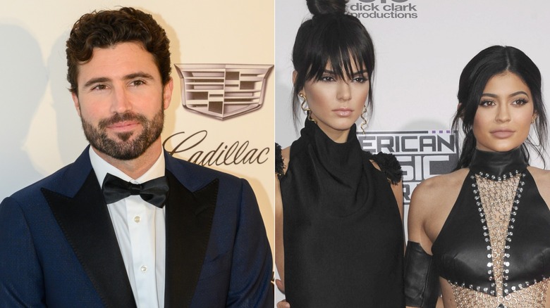 A split image showing Brody Jenner dressed in a navy blue tuxedo in one photo, while Kylie and Kendall Jenner dazzle in black outfits and full makeup in the other.
