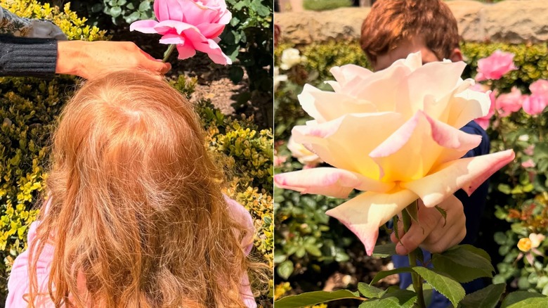 Side-by-side images of Lilibet and Archie helping with a rose bush.