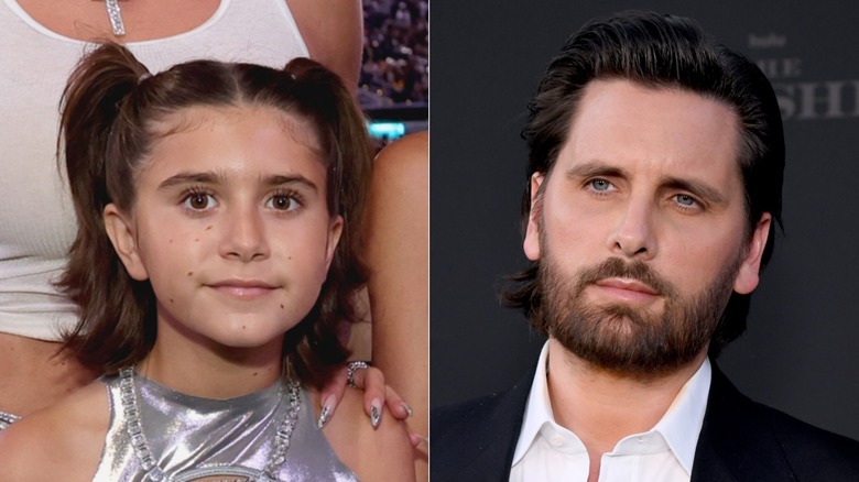 Split image of Penelope Disick and her father Scott Disick