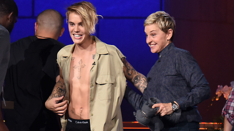 Justin Bieber and Ellen DeGeneres on the set of her talk show