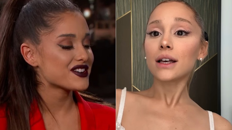 Ariana Grande on Jimmy Kimmel Live in 2016 and in a 2023 Vogue video