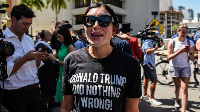 Laura Loomer wears in a Donald Trump Did Nothing Wrong shirt on June 13, 2023 in Miami, Florida