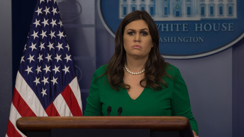 White House press secretary Sarah Huckabee Sanders takes questions from reporters at the White House, Friday, October 27, 2017