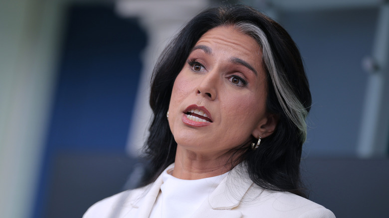 White House Director of National Intelligence Tulsi Gabbard talks to reporters in the Brady Press Briefing Room at the White House on July 23, 2025