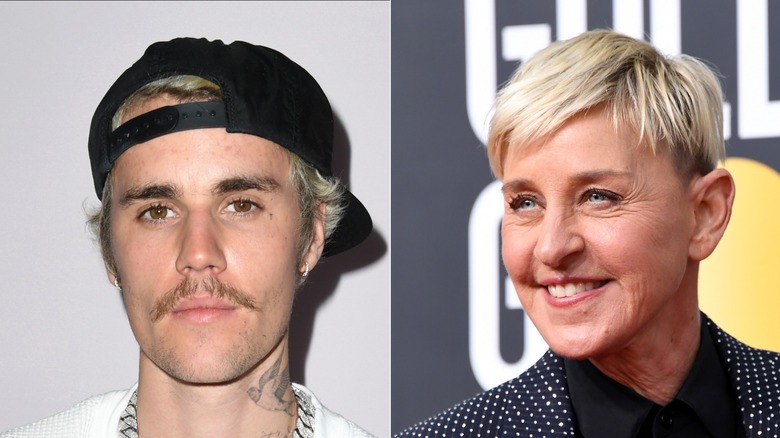 Justin Bieber posing and Ellen DeGeneres smiling