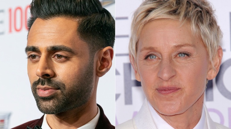 Hasan Minhaj posing and Ellen DeGeneres smiling