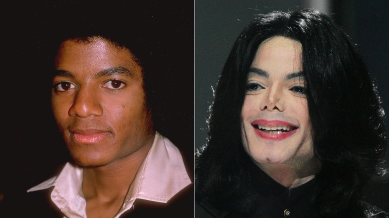 Split image of Michael Jackson posing and Michael Jackson smiling