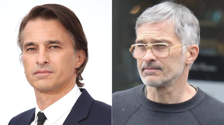 Split image of Olivier Martinez posing and Olivier Martinez walking with gray hair