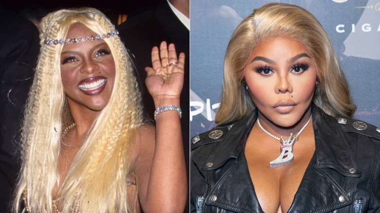 Split image of Lil Kim smiling and waving and Lil Kim posing