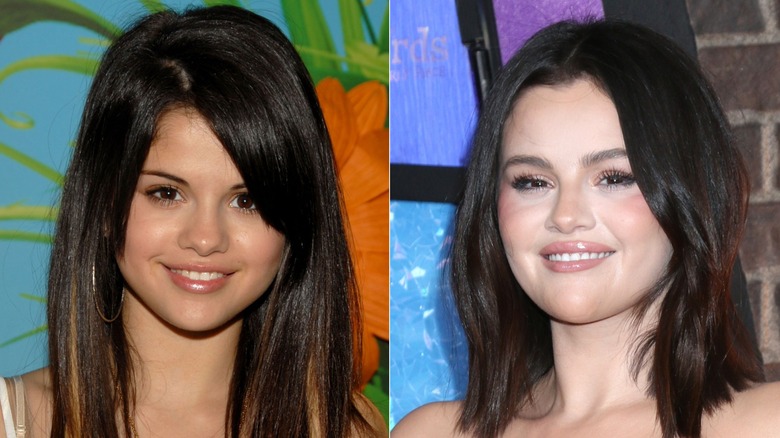Split image of Selena Gomez smiling and Selena Gomez posing