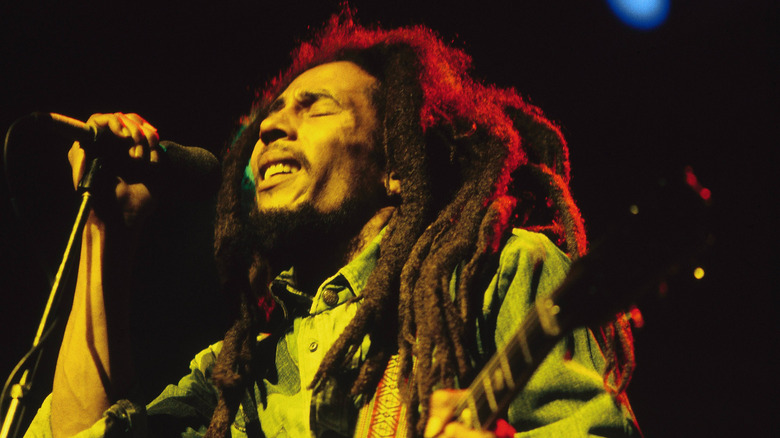 Bob Marley holding a microphone while performing in concert