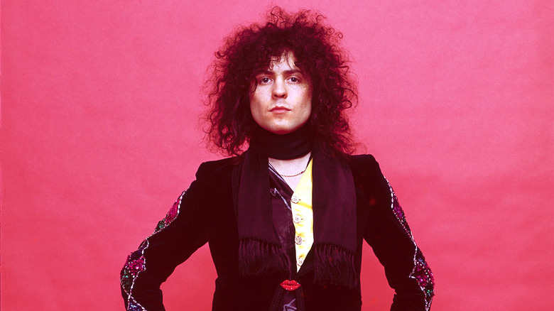 Marc Bolan posing for a portrait in front of a pink background