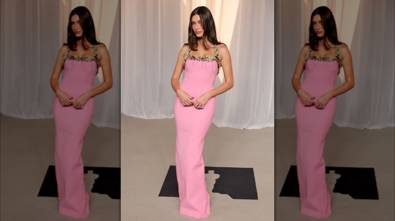Hailey Bieber in a long pink dress at the 6th Annual Academy Museum Gala