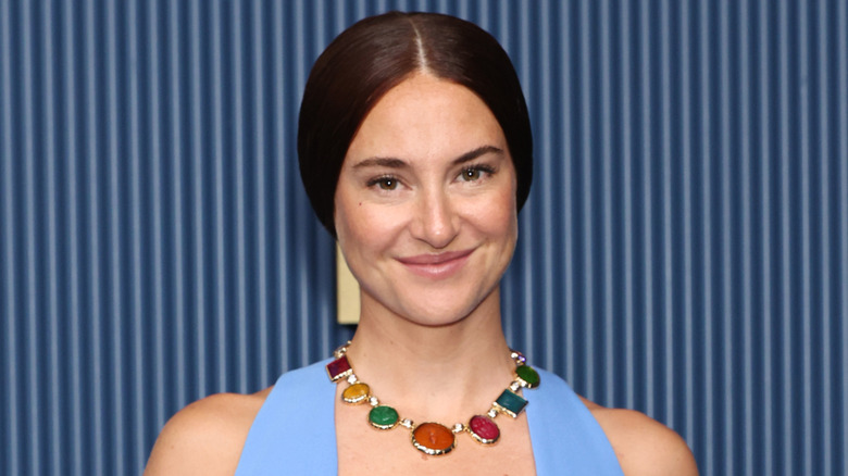 Shailene Woodley wearing a multicolored necklace.