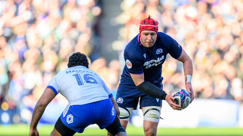Scottish rugby star Grant Gilchrist possesses the ball during a Six Nations 2026 match