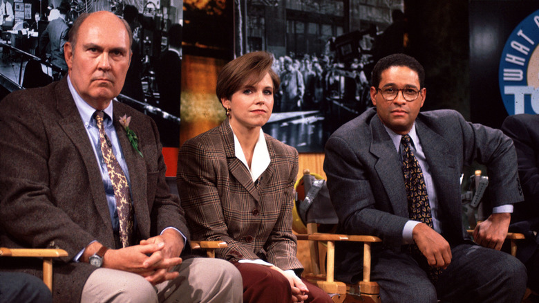 Bryant Gumbel seated with co-workers Willard Scott and Katie Couric in the '90s