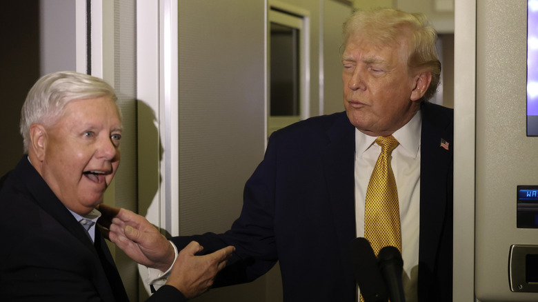 U.S. President Donald Trump (R) and U.S. Sen. Lindsey Graham (R-SC) speaking to the media aboard Air Force One enroute to Washington, DC
