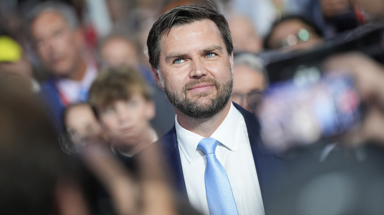 JD Vance arriving on the first day of the Republican National Convention at the Fiserv Forum