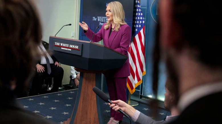 Karoline Leavitt addressing the press at the White House.