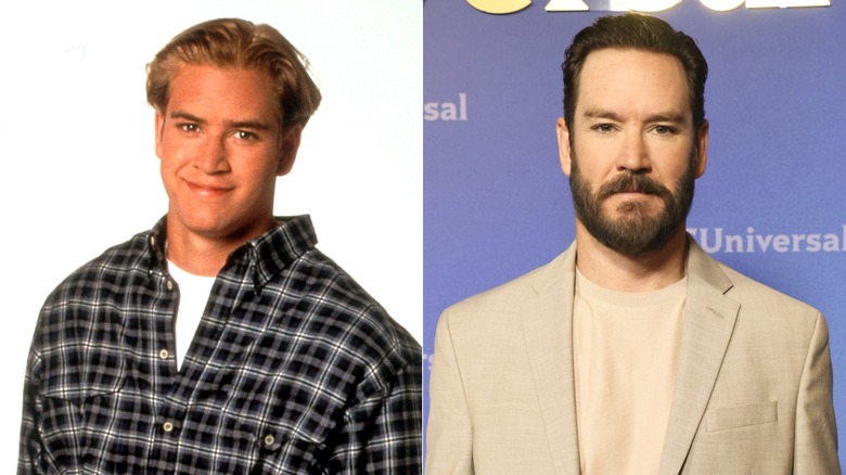 Split image of Mark-Paul Gosselaar promoting Saved by the Bell and Mark-Paul Goselaar with beard at event