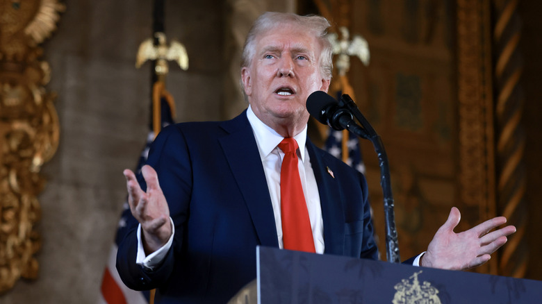 Republican presidential candidate former President Donald Trump speaking during a press conference at Mr. Trump's Mar-a-Lago estate