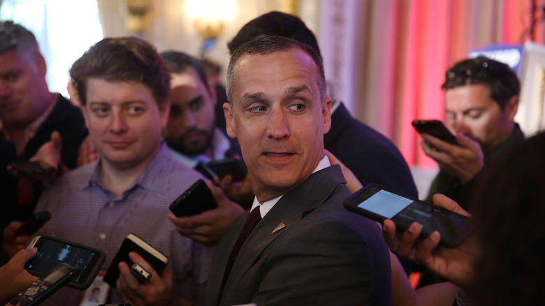 Corey Lewandowski campaign manager for Republican presidential candidate Donald Trump speaking with the media