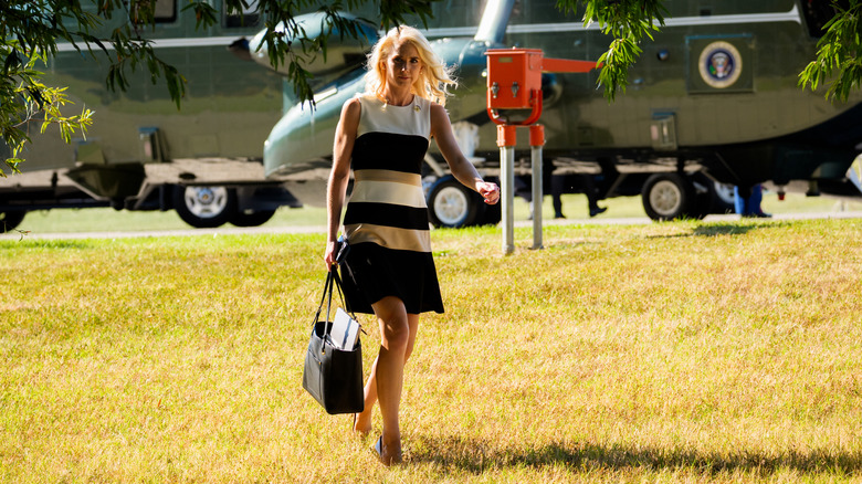Natalie Harp walking away from a helicopter