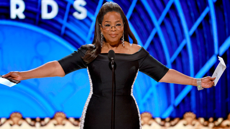 Oprah speaking on stage at the Tonys.