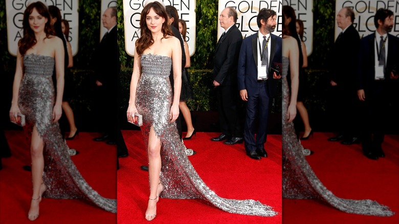 Dakota Johnson wearing a Chanel dress at the 2015 Golden Globes