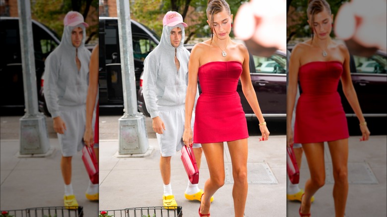 Justin Bieber gray sweats Hailey Bieber red dress