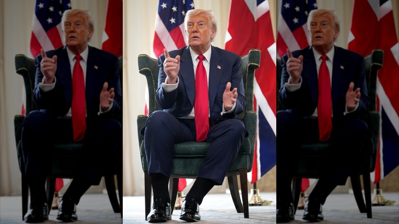 Donald Trump gesturing with his hands during his meeting with Keir Starmer in Scotland.