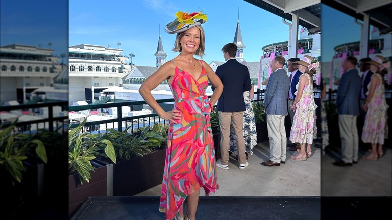 Dylan Dreyer posing with her hands on her hips in colorful dress and hat