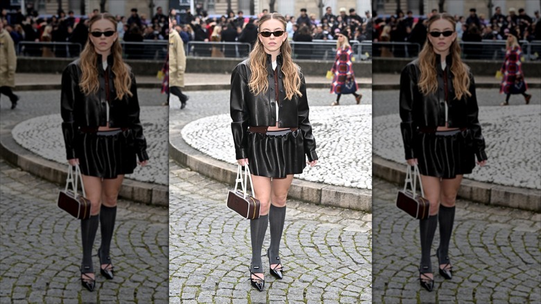 Sydney Sweeney in a leather outfit