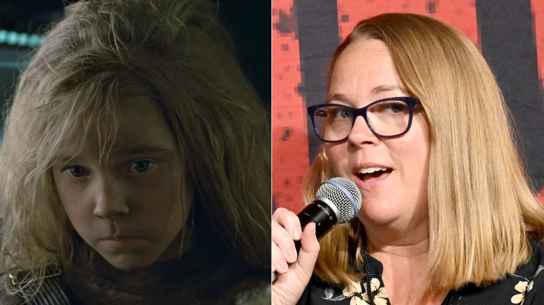 Carrie Henn acting in Aliens and talking into a microphone as an adult