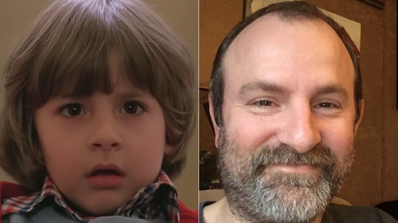 Split image of Danny Lloyd acting in The Shining and smiling as an adult