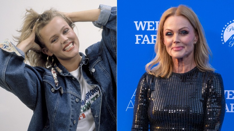 A split image of Belinda Carlisle of the Go-Go's. On the left, she is younger and wearing a denim jacket, while on the right she is older and posing on the red carpet.