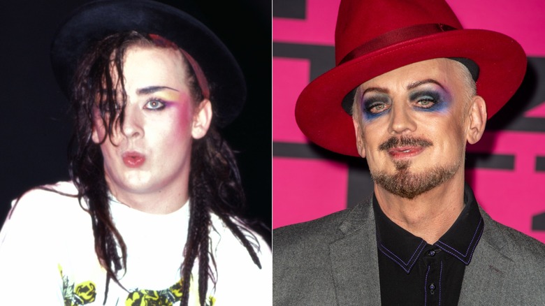 A split image of Culture Club's Boy George. On the left hand side he is younger and wearing a black hat, while on the right he is older and wears a red hat.