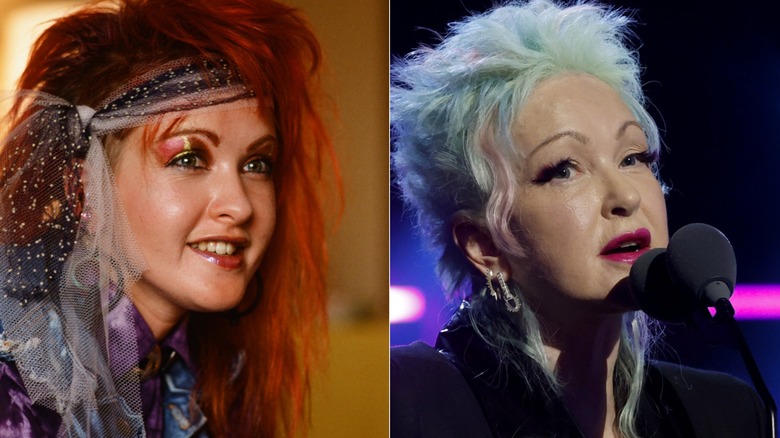 A split image of pop icon Cyndi Lauper. On the left, she is younger with red hair, while on the right she is older with cropped grey hair.