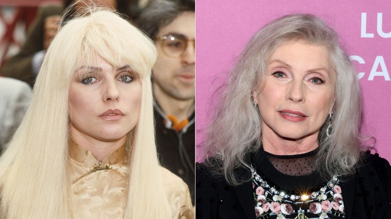 A split image of Blondie's Debbie Harry. On the left she is younger with platinum blonde hair, while on the right she is older.