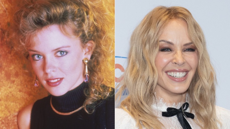 A split image of Aussie Pop star Kylie Minogue. On the left she is younger and sporting a perm, while on the right she is older.