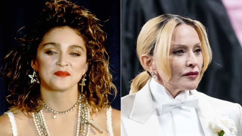 Split image of pop icon Madonna. In photo on left she is younger and wearing her hair down, while on the right she is older and wearing a white suit.