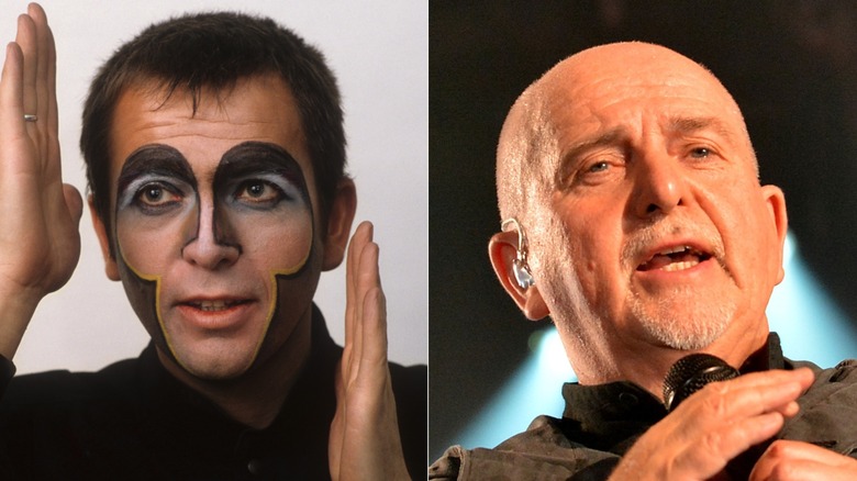 A split image of Peter Gabriel of Genesis. On the left, he is younger and wearing face paint while performing a mime; on the right he is older and singing into a microphone.
