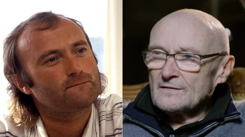 A split image of Genesis' Phil Collins. In image on the left he is younger, while on the right he is older and wears glasses.