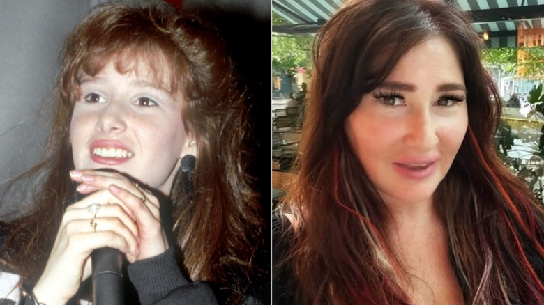 Pop singer Tiffany in a split image. On the left she is younger, while on the right she is older.