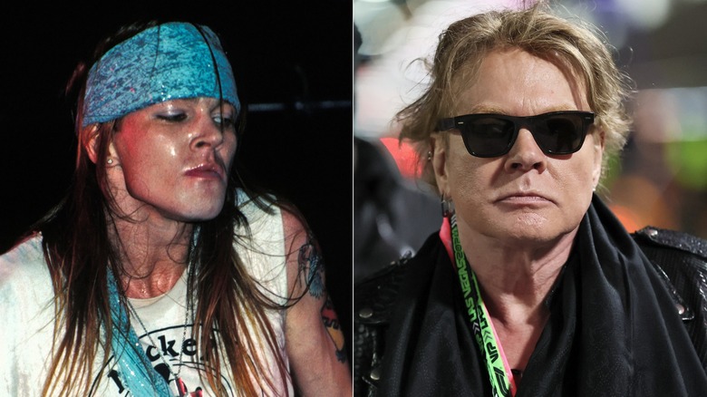 Split image of Axl Rose performing on stage in the 1980s, and Axel Rose walking with sunglasses on in 2024