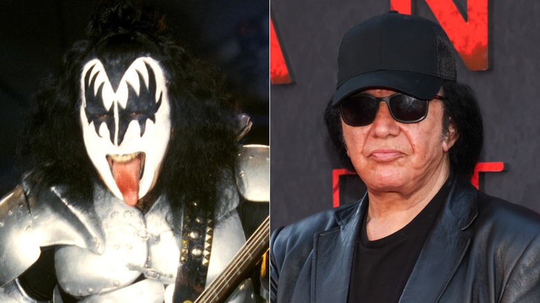 Split image of Gene Simmons in KISS makeup and sticking his tongue out in the 1980s, and Gene Simmons posing in the 2020s