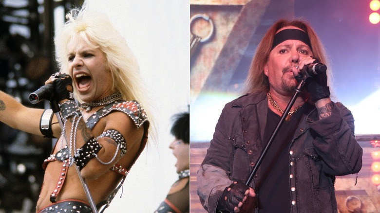 Split image of Vince Neil singing on stage in 1983, and Vince Neil singing on stage in 2024
