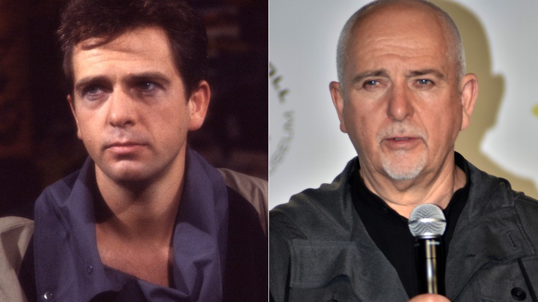 Split image of Peter Gabriel looking serious in the 1980s, and Peter Gabriel speaking into a microphone in the 2020s